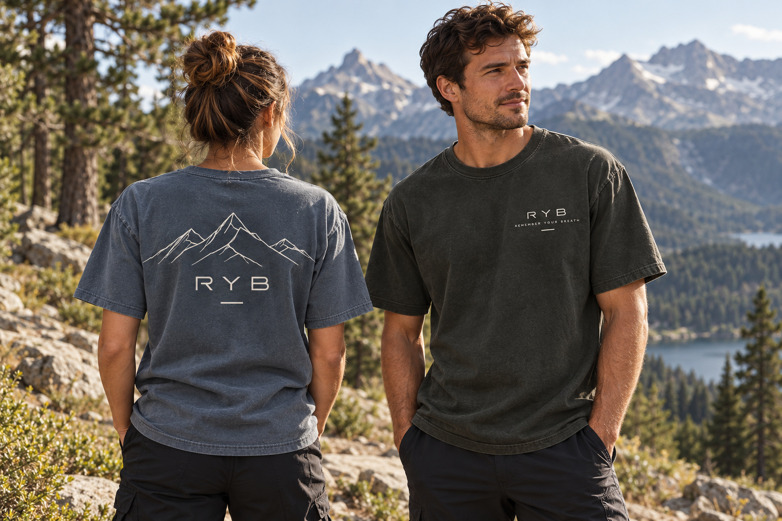 A woman in a blue-grey RYB T-shirt showing the mountain back graphic beside a man in an olive RYB T-shirt with the chest logo, among pines and mountains