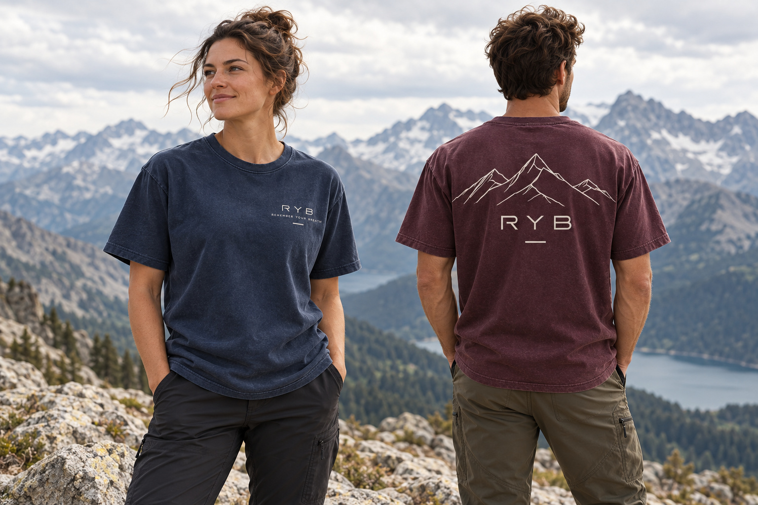A woman in a navy RYB T-shirt with the chest logo and a man in a burgundy RYB T-shirt showing the mountain back graphic, on a rocky summit above a lake