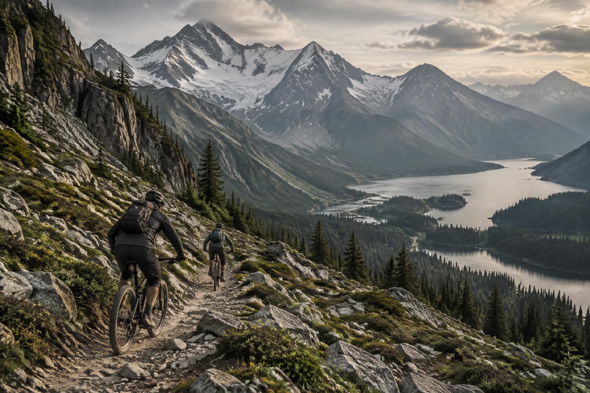 Mountain bikers descending through alpine terrain